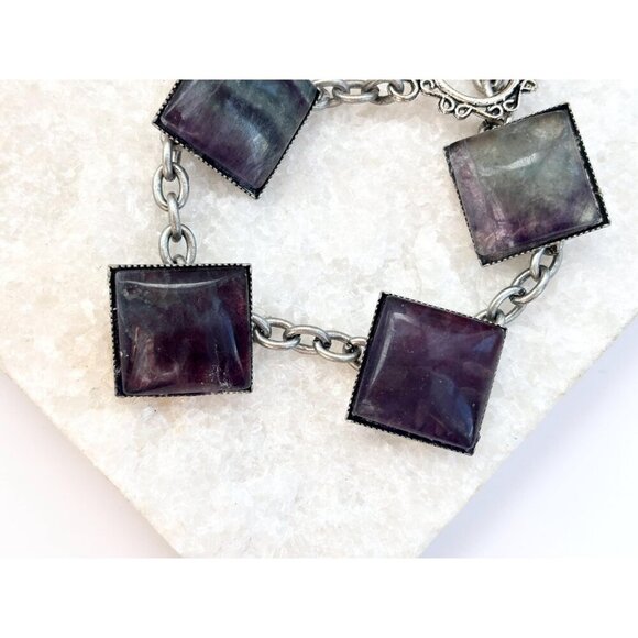 Faux Labradorite Vintage Square Vintage Costume Jewelry Bracelet - 8.25" - Picture 10 of 10